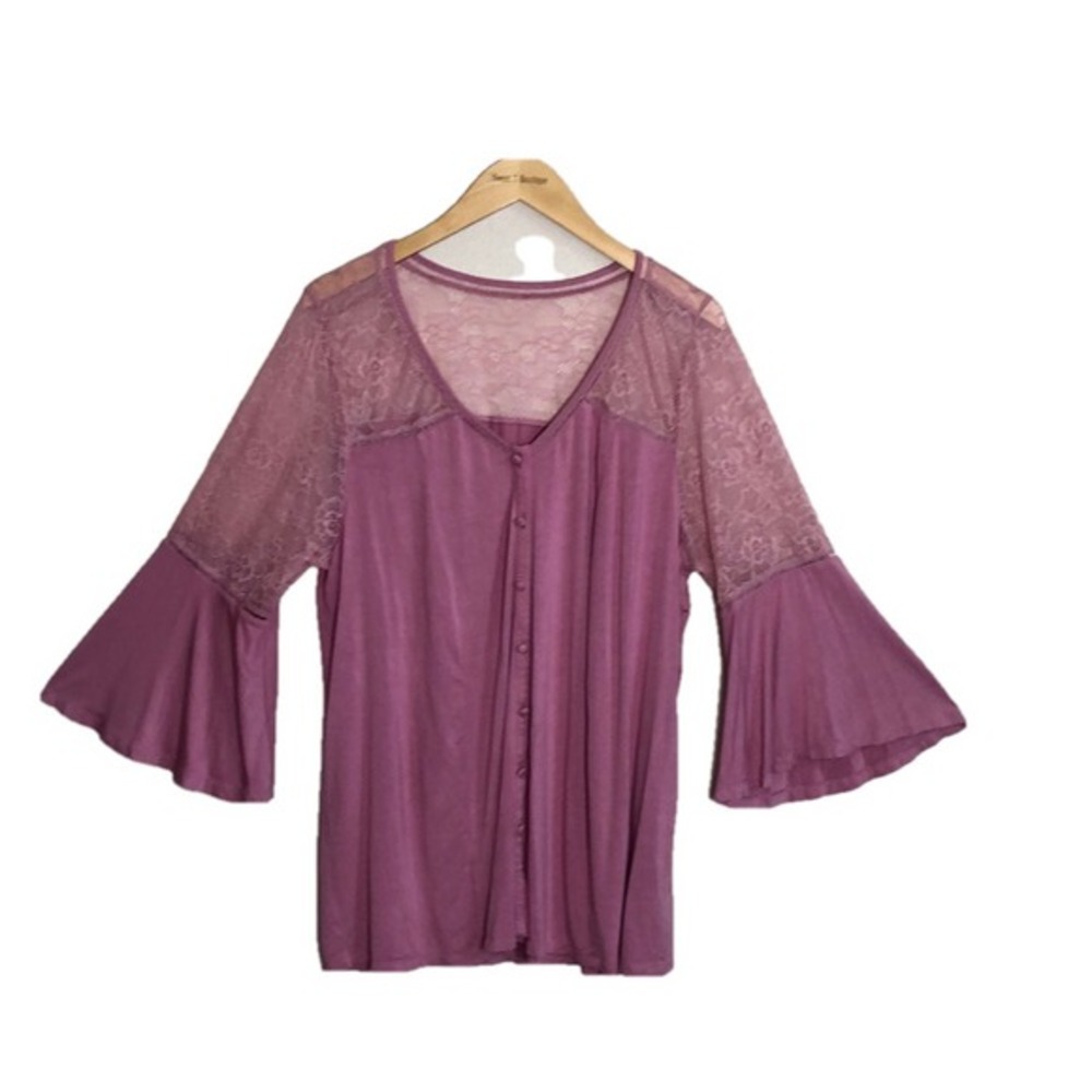 TORRID Women Plus Size‎ 1X Pink Super Soft Knits Button Up Lace Sleeve Tunic Top
